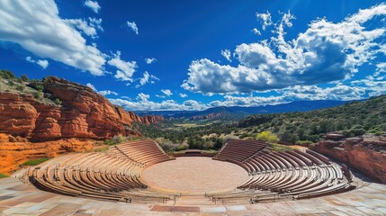 Carved into majestic red rock, the open-air amphitheater rises beneath a brilliant blue sky, where swirling clouds add drama to the breathtaking natural stage.

