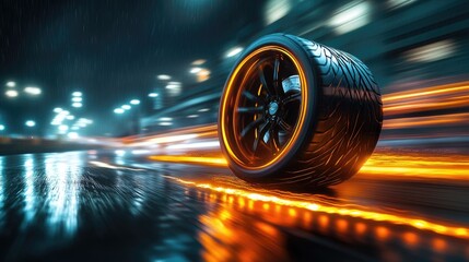 Close up of a fast tire rolling on wet urban pavement