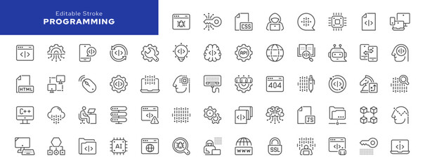 Programming and coding line icon set. Information technology, data, artificial intelligence, digital program and more. Outline vector icon in linear style. Series of pictograms.