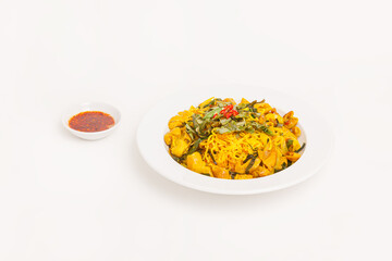 Bun Long Xao Nghe, Stir-fried vermicelli noodles with pork intestines, turmeric, and herbs, Vietnamese food isolated on white background, perspective view