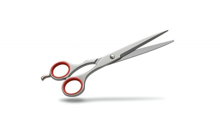 Obraz premium Professional hairdressing scissors with red details isolated against a white backdrop