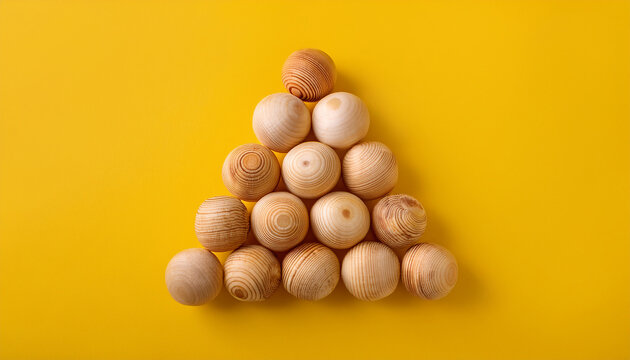 Wooden spheres arranged in triangular. Wood balls in pyramid shape on yellow background