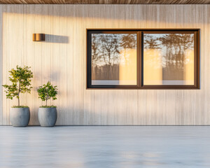 Fototapeta premium Modern exterior design featuring a large window and potted plants at sunset