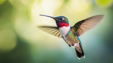 Fototapeta premium Detailed close-up shot of a hummingbird in flight with vibrant colors in nature