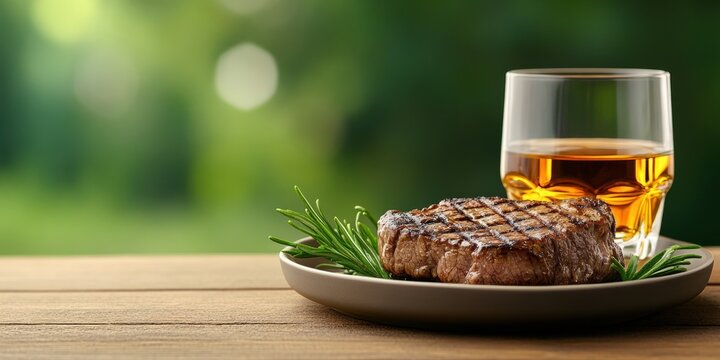 fathers day bbq, a classic fathers day dinner a grilled steak, a glass of whiskey on a rustic table, with a blurred bbq scene