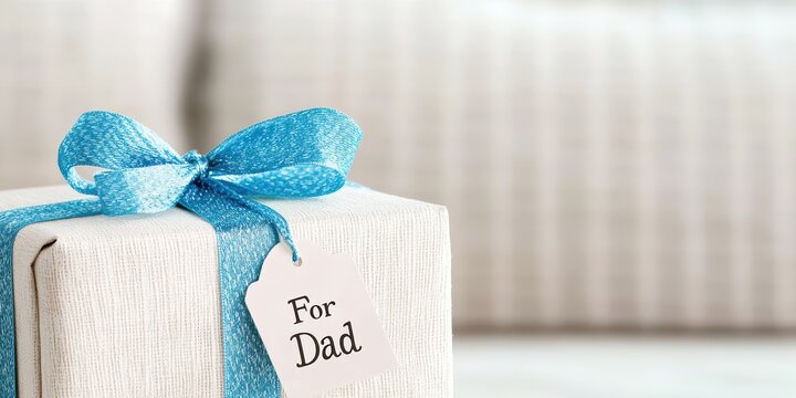 fathers day gift, a fathers day present with a blue ribbon and for dad tag against a cozy living room background