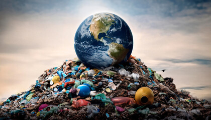 Pollution on the planet with piles of garbage and planet