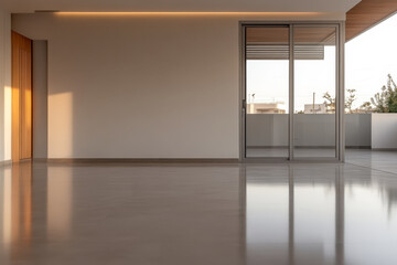 Fototapeta premium Modern empty room with reflective floor and large glass doors in bright sunlight