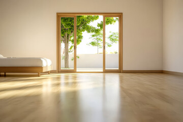Fototapeta premium Bright and spacious minimalistic bedroom with view of outdoor greenery in morning light