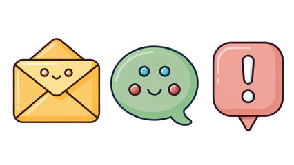 Fototapeta premium Three cheerful icons representing communication: an envelope, a speech bubble, and an alert symbol, all with friendly expressions against a black background.