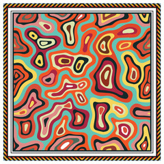 Abstract colorful square print scarf, pattern with amoeba-like shapes surrounded by a geometric border.