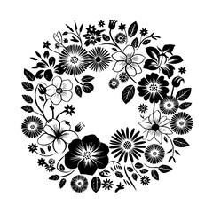 Elegant Black and White Floral Wreath on White Background