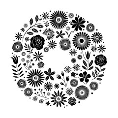 Floral Wreath Silhouette: Elegant Black and White Design