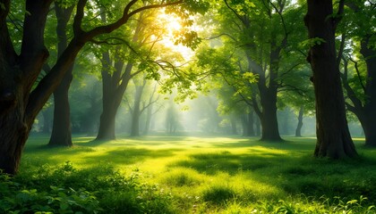 Obraz premium Tranquil Sunlight Forest Scene Lush Green Grass And Majestic Trees Creating A Serene Natural Landscape