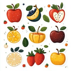 Colorful collection of hand-drawn fruits arranged in a decorative pattern on a white background