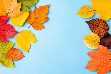 Obraz premium Autumn Leaves Border on Light Blue Background