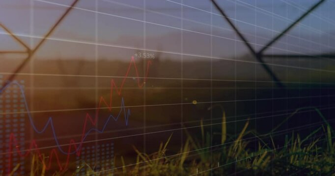Graph lines overlaying agricultural field at sunset with animation effects in school