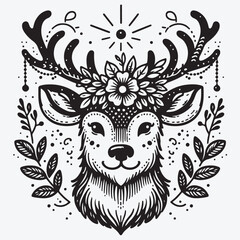 A Vector single clipart of a deer's face with a garland on its antlers in doodle style Vector