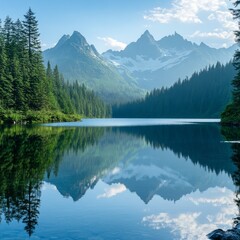 Fototapeta premium Stunning Mountain Reflection in Crystal Clear Lake Surrounded by Pine