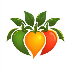 Colorful peppers arranged in a cluster with their vibrant green leaves in a modern style