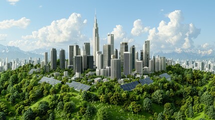 Fototapeta premium Modern City Integrated with Lush Green Landscape Under Sunny Sky