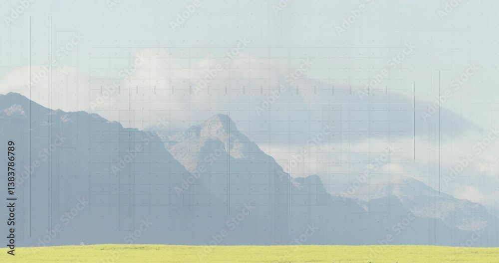 Poster mountain landscape with grid lines and data processing animation overlay