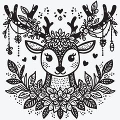 A Vector single clipart of a deer's face with a garland on its antlers in doodle style Vector