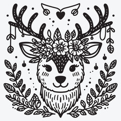 A Vector single clipart of a deer's face with a garland on its antlers in doodle style Vector