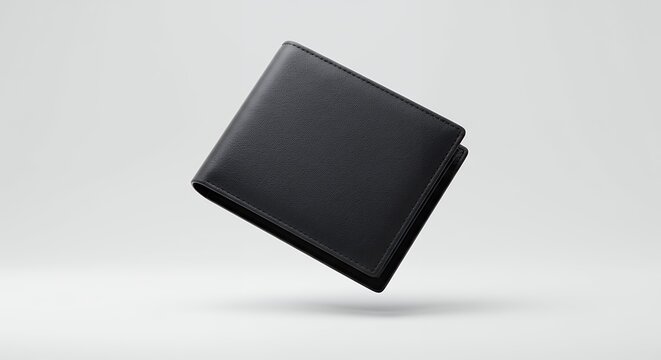 Elegant black leather wallet floating against a pristine white backdrop, showcasing minimalist design