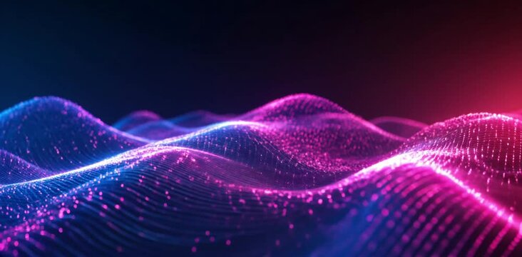 Ondas de audio tecnol&oacute;gicas virtuales movi&eacute;ndose como olas, colores ne&oacute;n, fondo abstracto. 