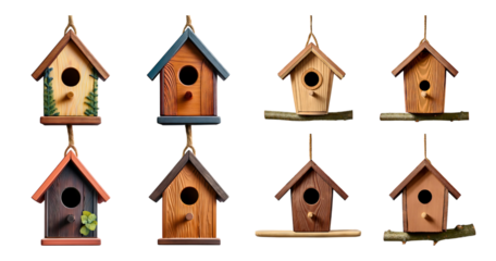 Charming Wooden Birdhouses in Various Colors and Designs Displayed, PNG bundle collection, Isolated on Transparent Background