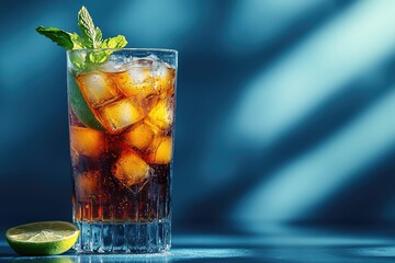 Tall glass of cola with ice, lime, and mint on a glossy blue background, perfect for drink ads, summer menus, cocktail branding, and refreshing beverage designs