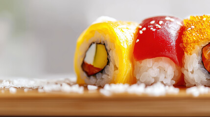 close up of assorted sushi platter featuring vibrant sushi rolls with colorful toppings, including mango, tuna, and fish roe, placed on wooden surface with scattered salt grains