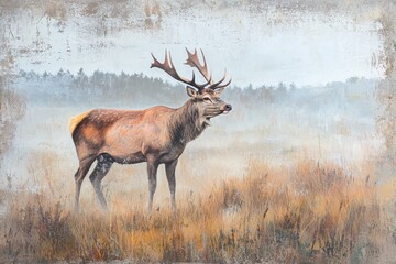 Red deer stag during rutting season in Autumn Fall landscape Majestic Red Deer Cervus elaphus stag in the morning mist UK .