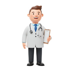 Fototapeta premium Friendly Cartoon Doctor: White Coat, Stethoscope, Clipboard, 3D Render, Isolated.