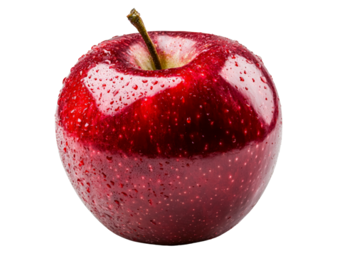 A fresh organic apple with a glossy red surface, isolated on transparent background, PNG file.