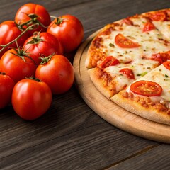Delicious pizza with fresh tomatoes and cheese on a wooden table