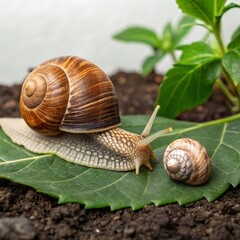 A snail on a green leaf with a small snail shell