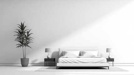 Black and white sketch minimalistic interior of a modern bedroom with a large bed, two bedside lamps, and a tall indoor plant.