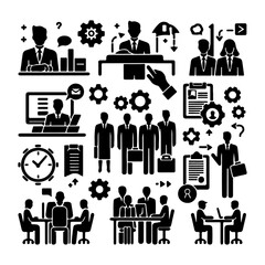 Fototapeta premium Business people icon set with various professions and activities in black silhouette style