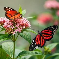 Two beautiful butterflies on a pink flower