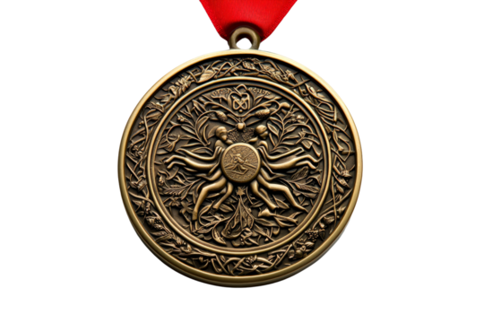 A large gold medal with a detailed design and a red ribbon, isolated on a transparent background, PNG file.