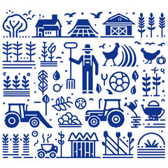 Line art farming illustrations, eco-friendly agriculture icons, urban farming, agribusiness concepts, seasonal farming, black and white minimalist vector design