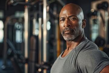 Fototapeta premium Portrait of a middle aged male African American fitness trainer in workout attire at the gym