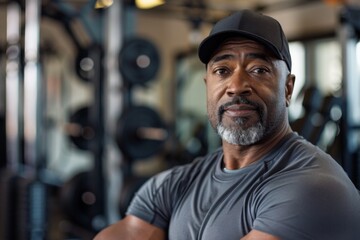 Obraz premium Portrait of a middle aged male African American fitness trainer in workout attire at the gym