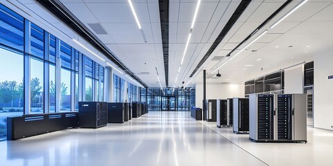 Modern, large server room with numerous black and silver computer equipment, a white ceiling