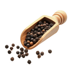Wood scoop filled with assorted black peppercorns isolated on a Transparent background, peppercorn in wood scoop isolated on PNG background
