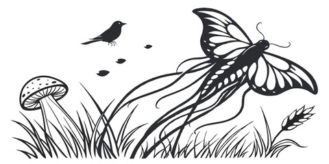 Stunning Black and White Illustration of a Butterfly, Bird, and Mushroom Surrounded by Lush Grass – Perfect for Nature Lovers and Art Enthusiasts