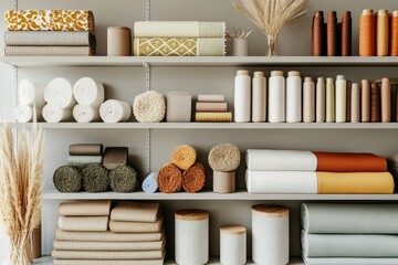 Obraz premium Contemporary office design featuring shelves filled with various fabrics Generative AI