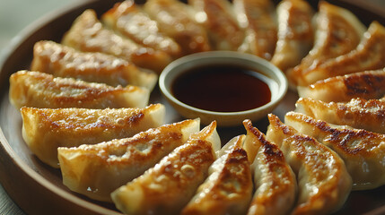 Delicious golden pan-fried dumplings arranged on a wooden plate with a dipping sauce, showcasing appetizing Asian cuisine.